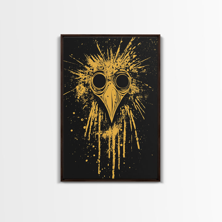 Plague Doctor Mask Gold Canvas Print, Gothic Splatter Art, Dark Fantasy Wall Decor, Unique Gothic Artwork, Real Wood Framed