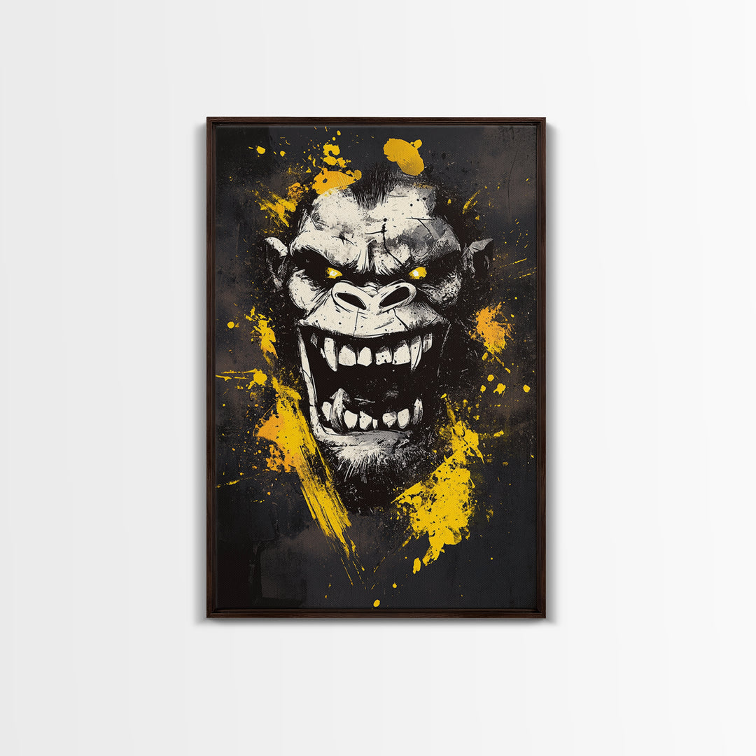 Gorilla Face Gold Canvas Print, Wild Splatter Art, Bold Jungle Wall Decor, Fierce Animal Artwork, Real Wood Framed