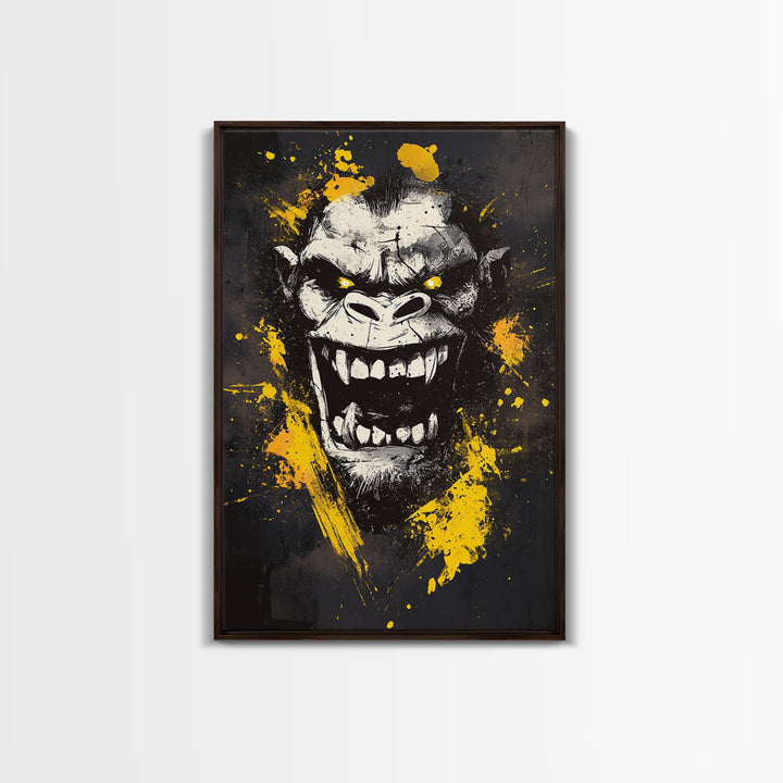 Gorilla Face Gold Canvas Print, Wild Splatter Art, Bold Jungle Wall Decor, Fierce Animal Artwork, Real Wood Framed