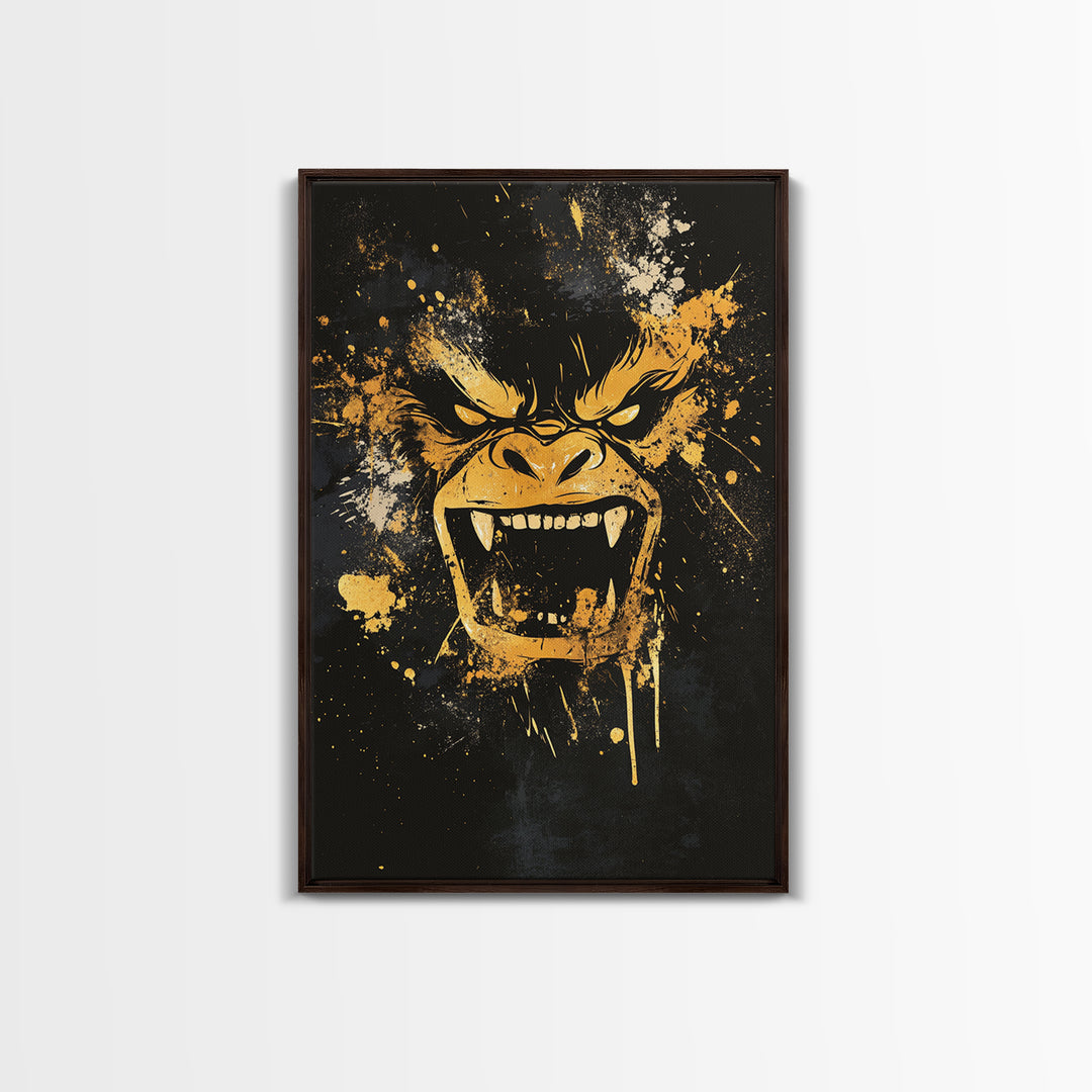 Angry Gorilla Gold Canvas Print, Tribal Splatter Art, Primal Jungle Wall Decor, Bold Animal Artwork, Real Wood Framed