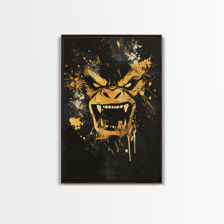 Angry Gorilla Gold Canvas Print, Tribal Splatter Art, Primal Jungle Wall Decor, Bold Animal Artwork, Real Wood Framed