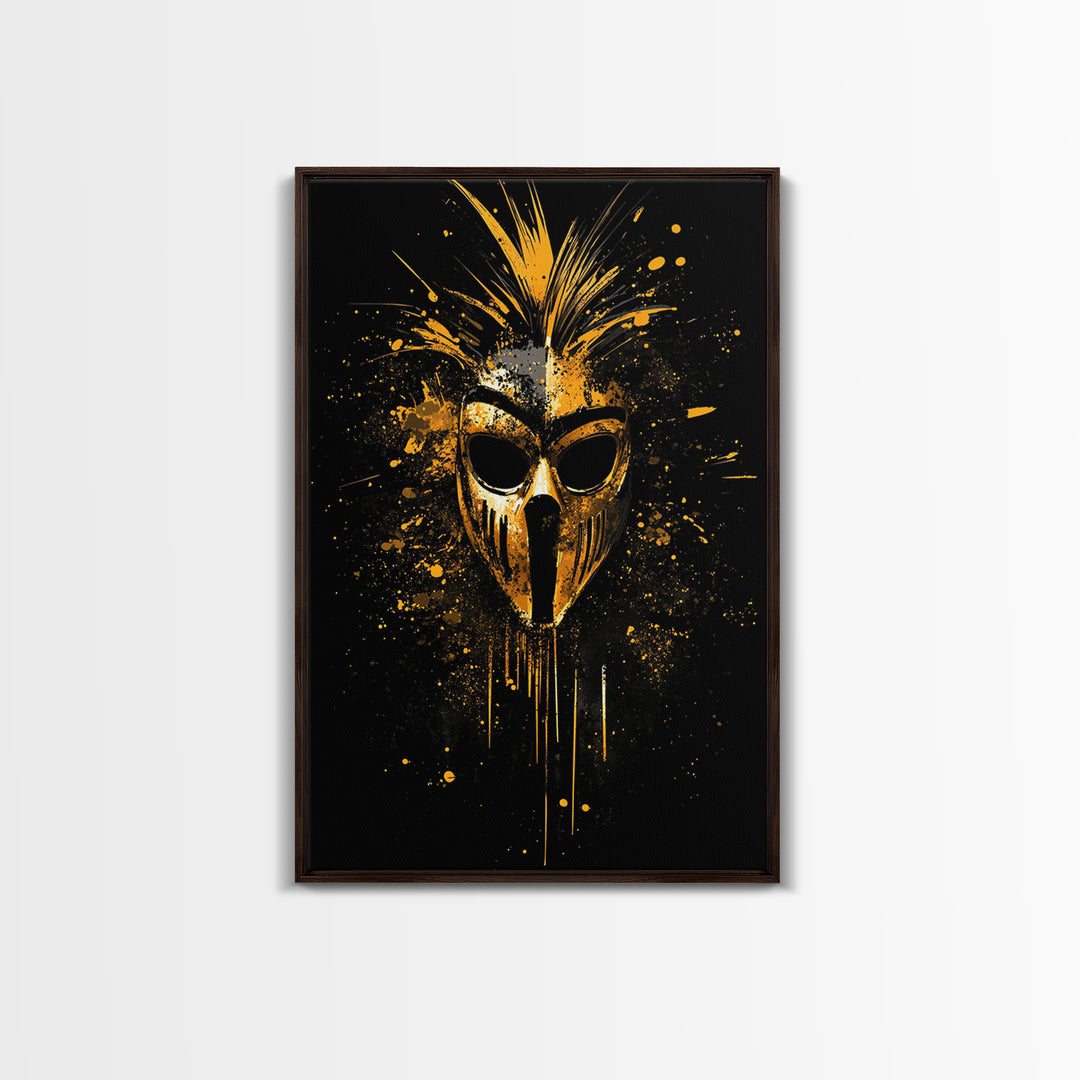 Tribal Warrior Mask Gold Canvas Print, African Inspired Splatter Art, Bold Tribal Wall Decor, Fierce Artwork, Real Wood Framed