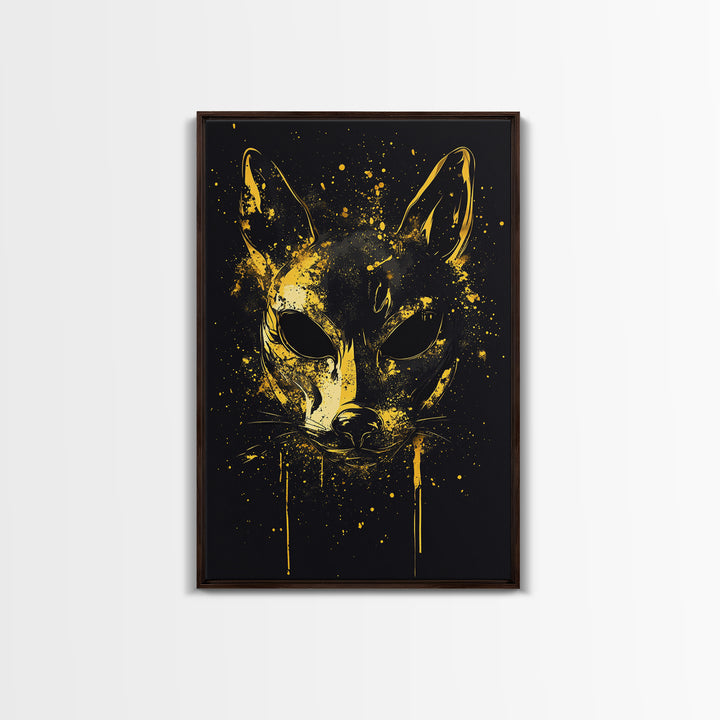 Cat Mask Gold Canvas Print, Mystical Splatter Art, Animal Spirit Wall Decor, Unique Feline Artwork, Real Wood Framed