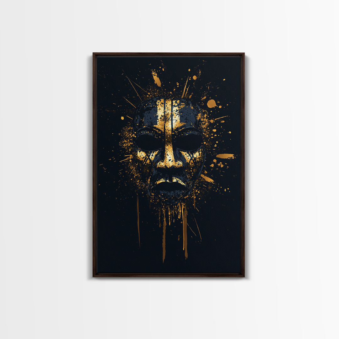 Tribal Splatter Mask Gold Canvas Print, Bold Cultural Art, Unique Splatter Wall Decor, Ethnic Mask Artwork, Real Wood Framed