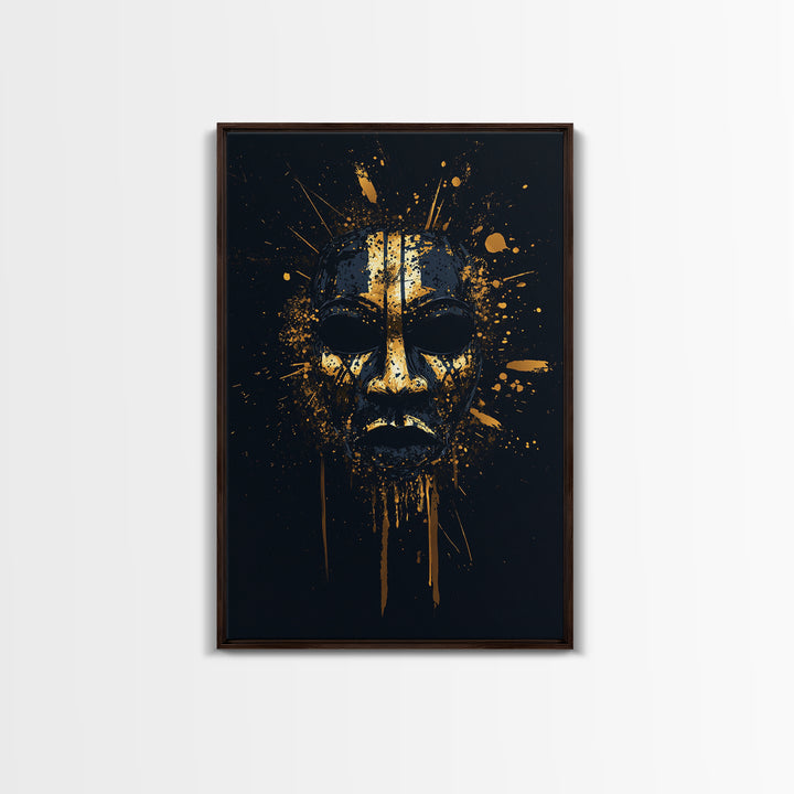 Tribal Splatter Mask Gold Canvas Print, Bold Cultural Art, Unique Splatter Wall Decor, Ethnic Mask Artwork, Real Wood Framed