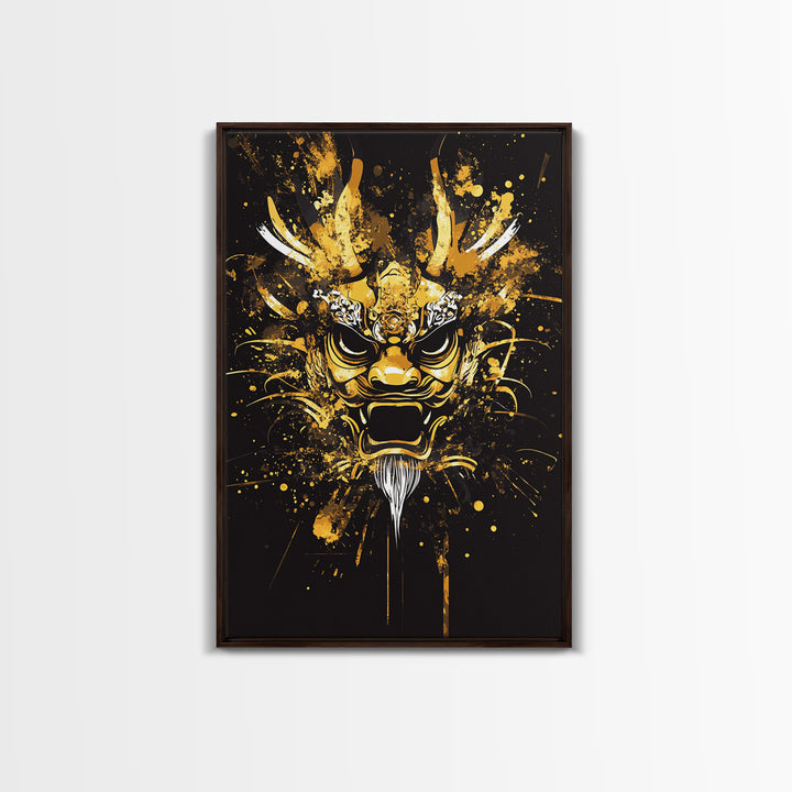 Dragon Mask Gold Canvas Print, Mythical Splatter Art, Asian Inspired Wall Decor, Fierce Dragon Artwork, Real Wood Framed
