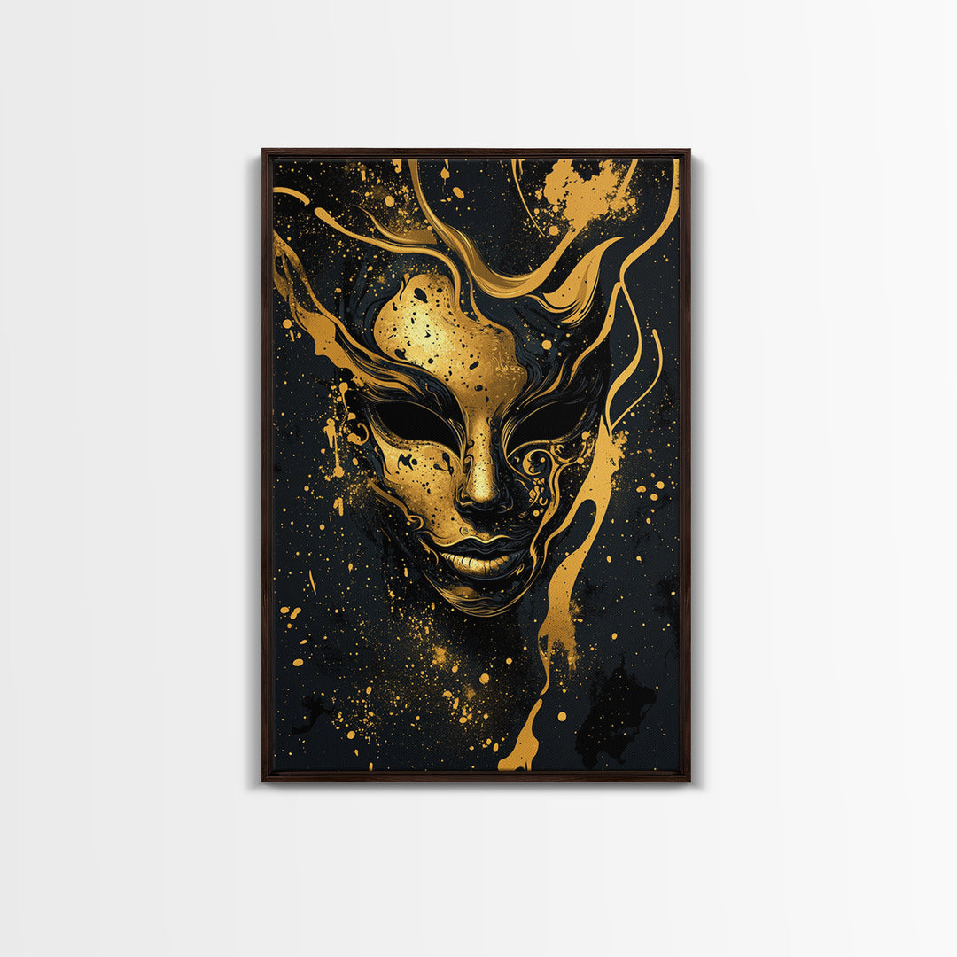 Abstract Face Mask Gold Canvas Print, Surreal Splatter Art, Bold Modern Wall Decor, Unique Artistic Artwork, Real Wood Framed