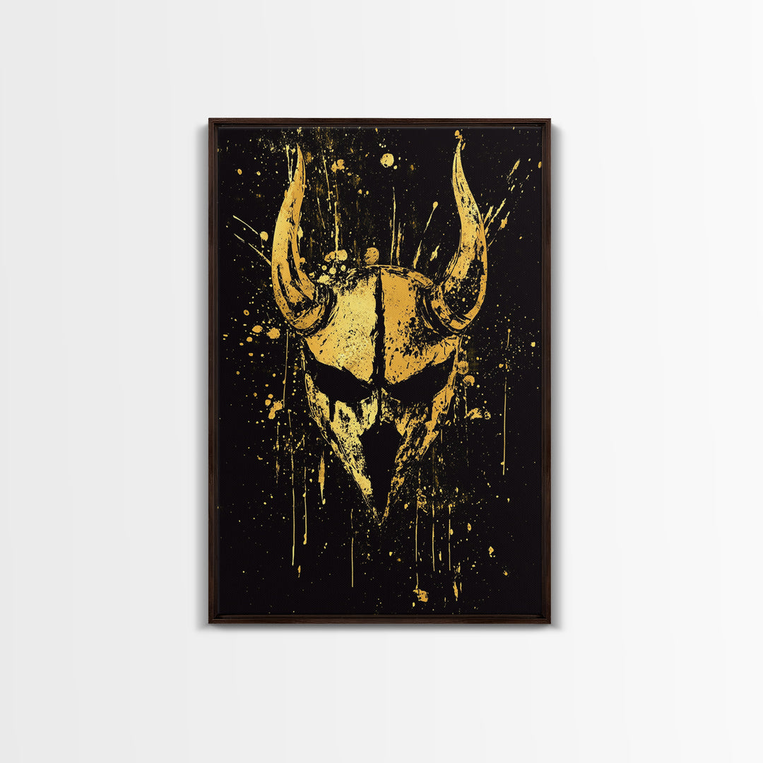 Viking Horned Helmet Gold Canvas Print, Bold Warrior Decor, Mythology Wall Art, Real Wood Framed Canvas Artwork