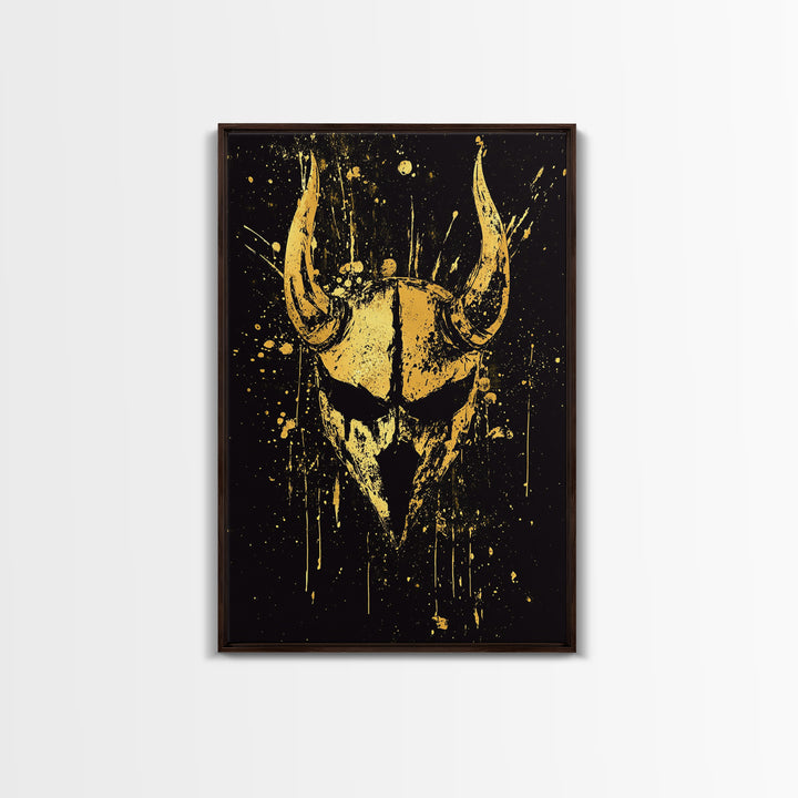 Viking Horned Helmet Gold Canvas Print, Bold Warrior Decor, Mythology Wall Art, Real Wood Framed Canvas Artwork