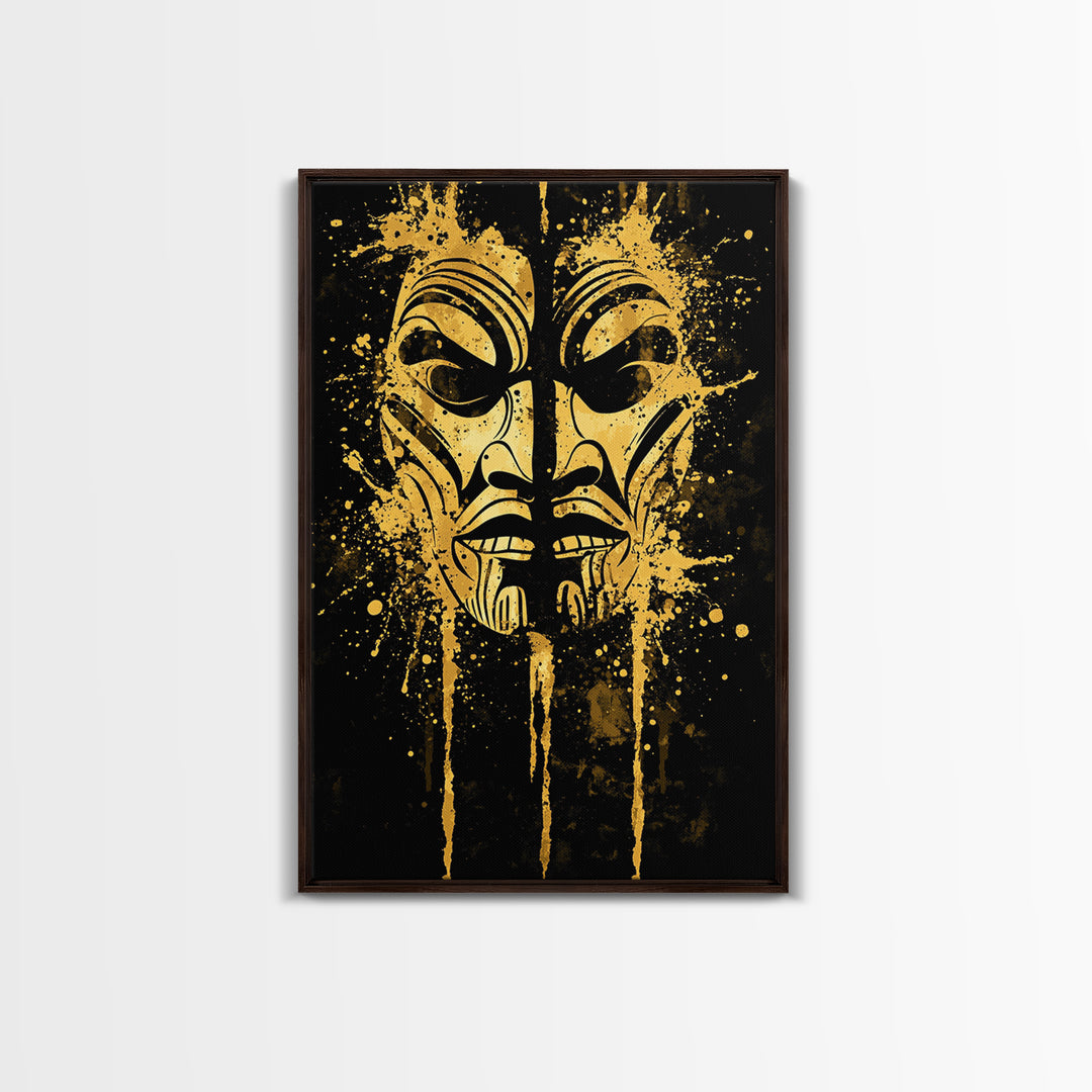 Tribal Warrior Mask Gold Canvas Print, Maori Inspired Art, Ethnic Wall Decor, Real Wood Framed Gold Canvas Artwork