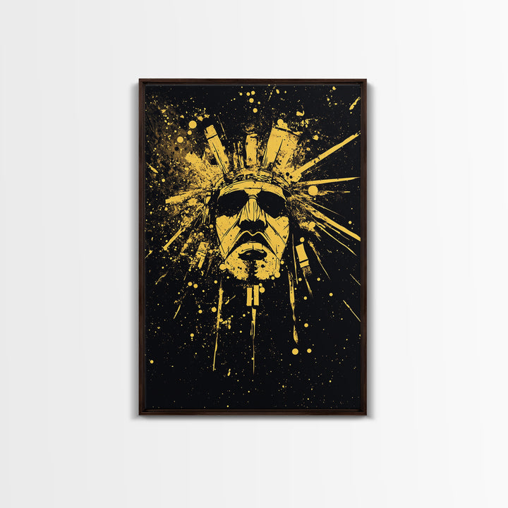 Ancient Sun God Gold Canvas Print, Tribal Deity Wall Decor, Mystical Home Art, Real Wood Framed Statement Artwork