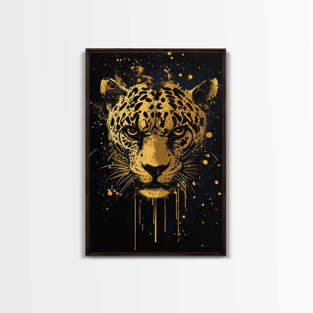Leopard Head Gold Canvas Print, Jungle Cat Wall Art, Animal Spirit Decor, Real Wood Framed Fierce Modern Artwork