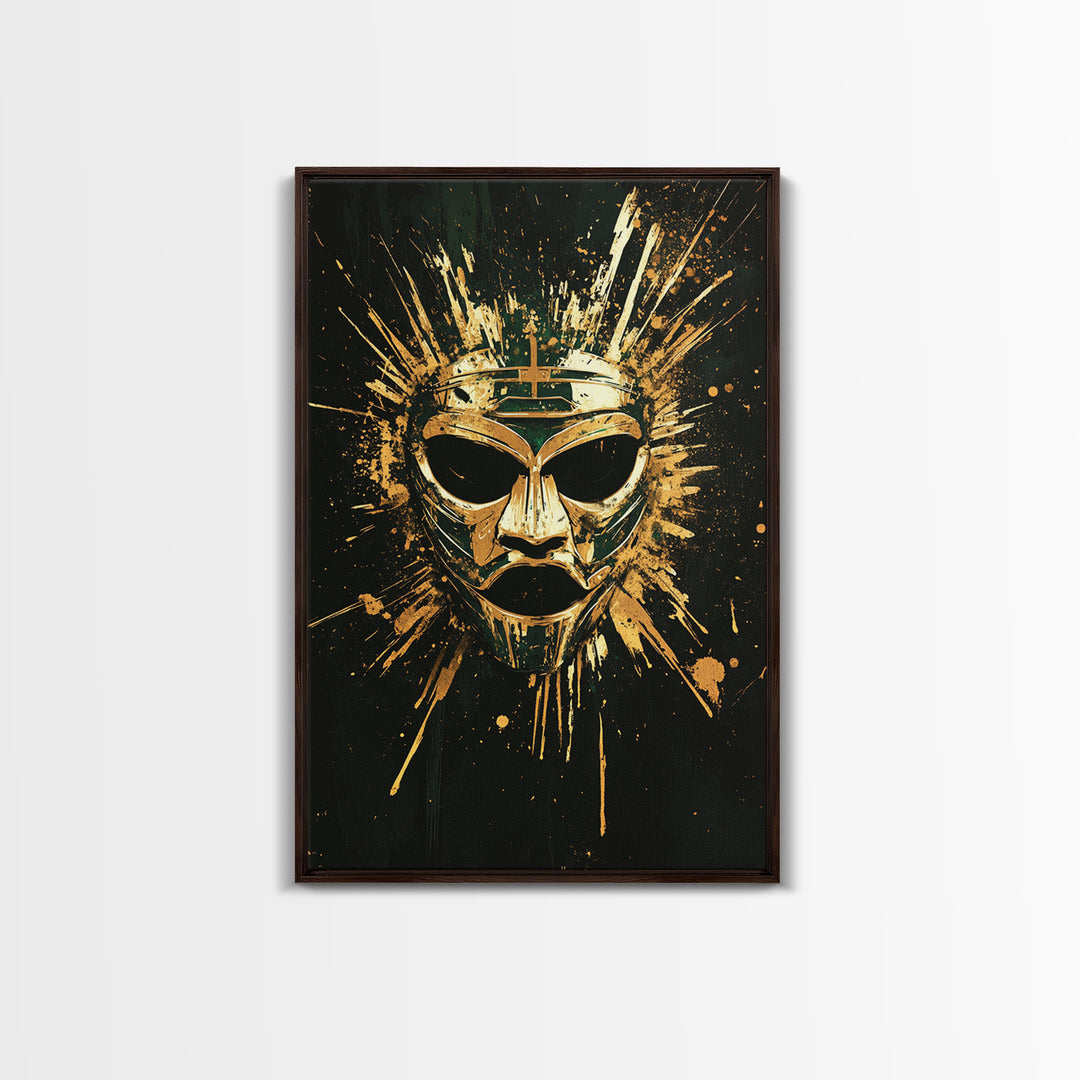 Ancient Warrior Mask Gold Canvas Print, Mythology Wall Decor, Spiritual Protection Art, Real Wood Framed Artwork