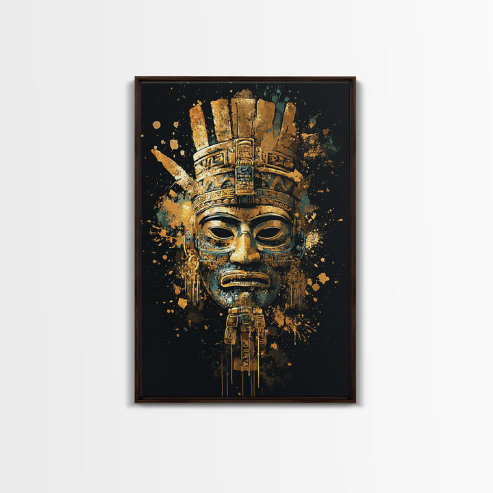 Mayan Inspired Mask Gold Canvas Print, Ancient Civilization Art, Tribal Wall Decor, Real Wood Framed Gold Artwork