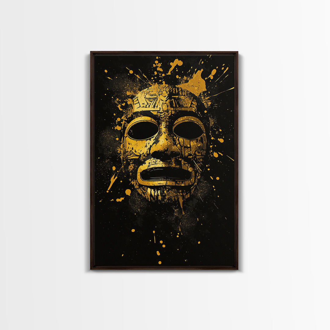 Aztec Mask Gold Canvas Print, Ancient Mythology Art, Tribal Wall Decor, Real Wood Framed Cultural Gold Artwork