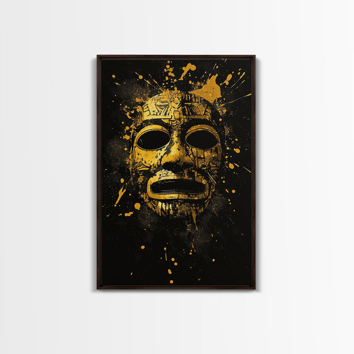 Aztec Mask Gold Canvas Print, Ancient Mythology Art, Tribal Wall Decor, Real Wood Framed Cultural Gold Artwork