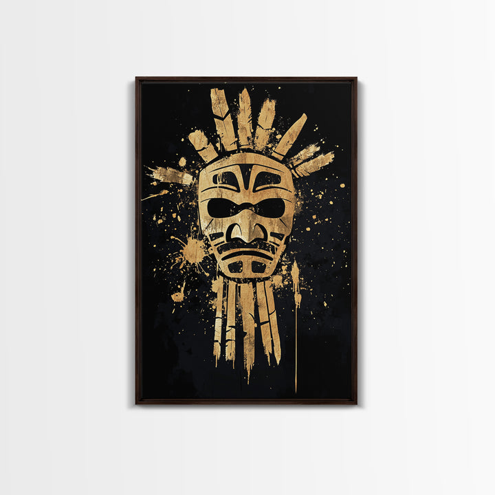 Tribal Sun Mask Gold Canvas Print, Ancestral Wall Art, Sacred Symbol Decor, Real Wood Framed Mystical Gold Artwork