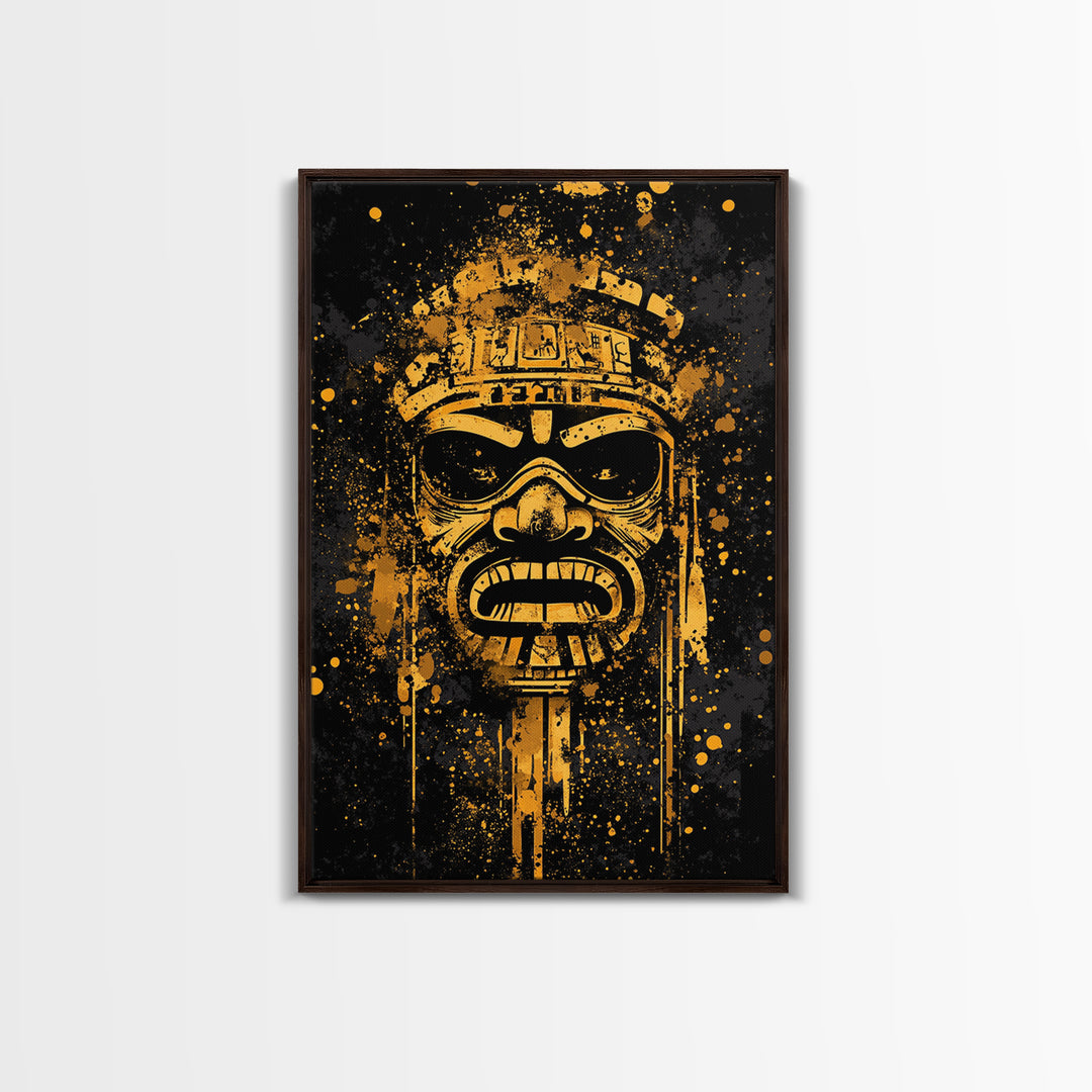 Ancient Tribal Mask Gold Canvas Print, Cultural Art, Bold Splatter Wall Decor, Real Wood Frame, Dramatic Mask Artwork