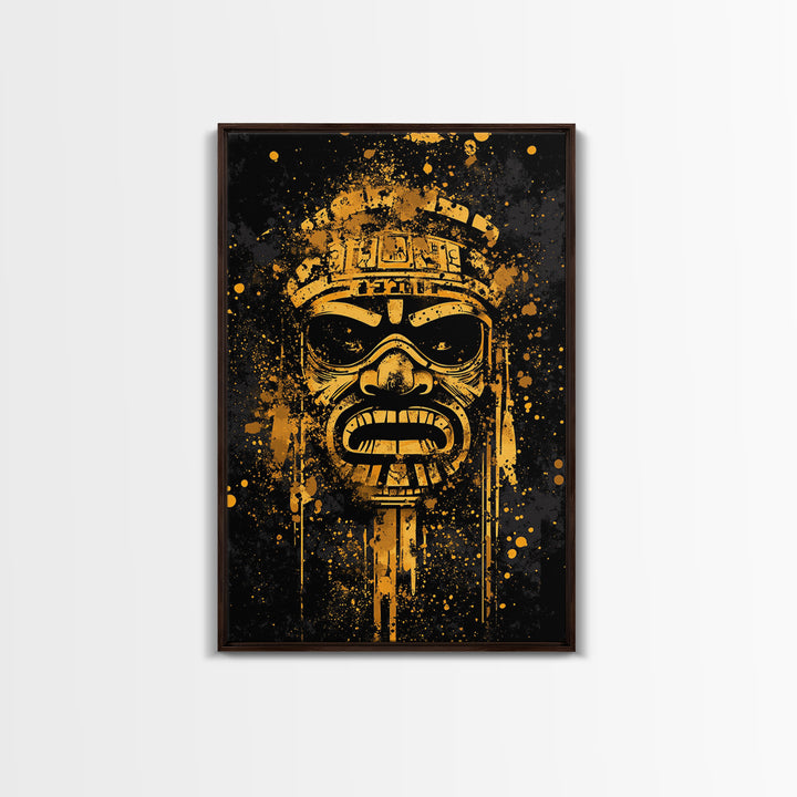 Ancient Tribal Mask Gold Canvas Print, Cultural Art, Bold Splatter Wall Decor, Real Wood Frame, Dramatic Mask Artwork