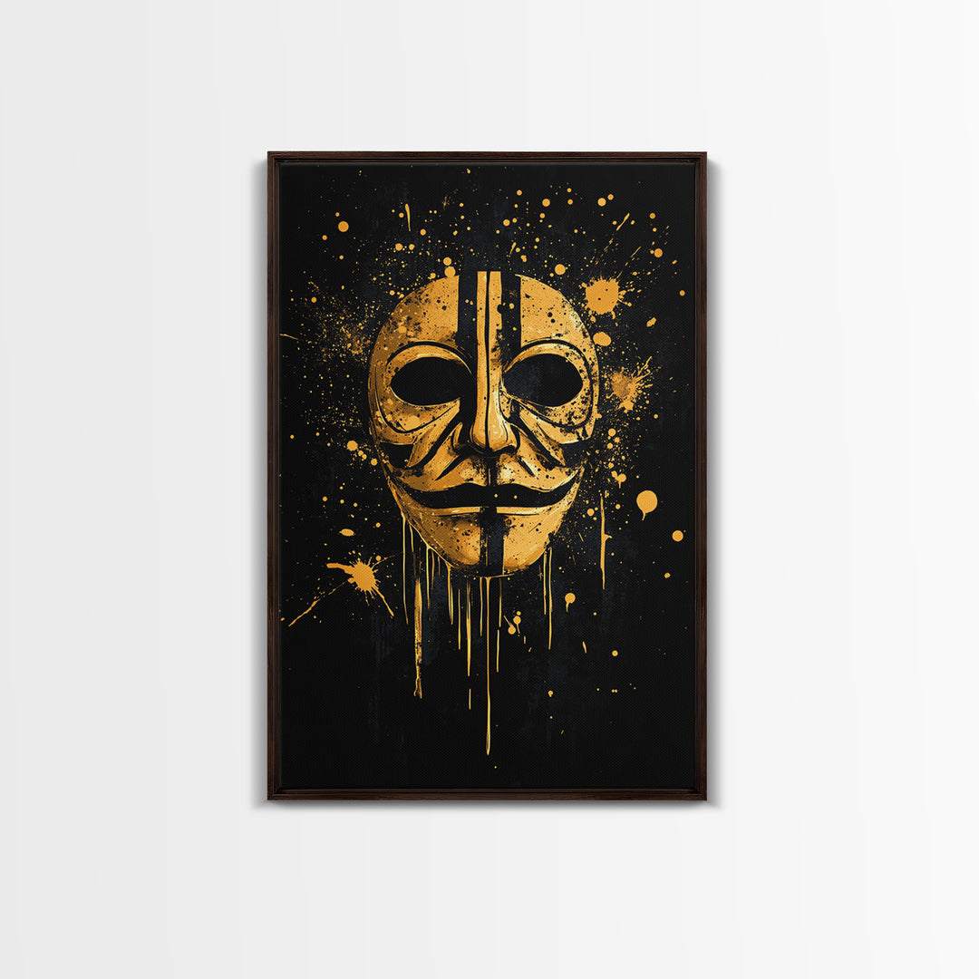 Mystical Mask Gold Canvas Print, Abstract Tribal Art, Splatter Canvas Wall Decor, Real Wood Frame, Modern Statement Artwork