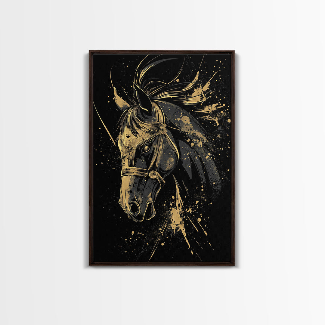 Majestic Horse Gold Canvas Print, Equestrian Wall Art, Splatter Style Decor, Real Wood Frame, Bold Animal Artwork