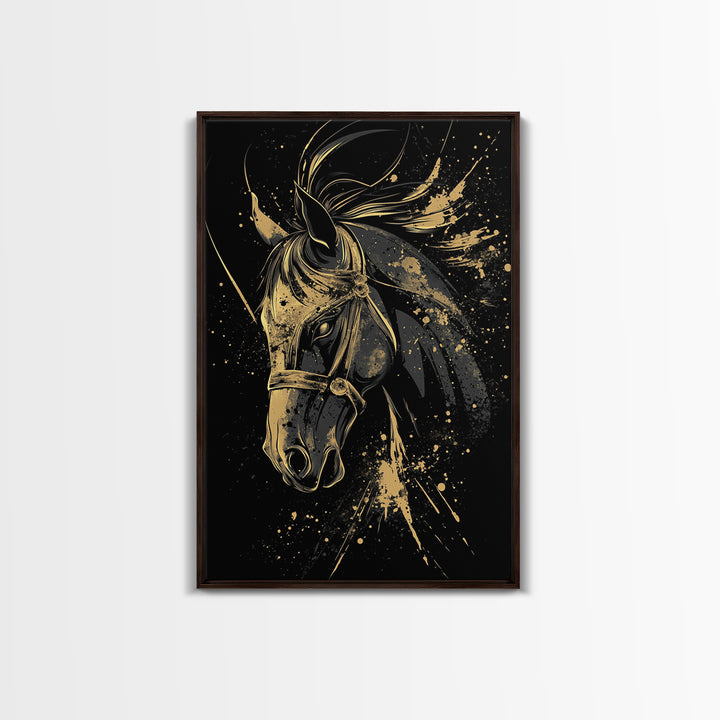 Majestic Horse Gold Canvas Print, Equestrian Wall Art, Splatter Style Decor, Real Wood Frame, Bold Animal Artwork