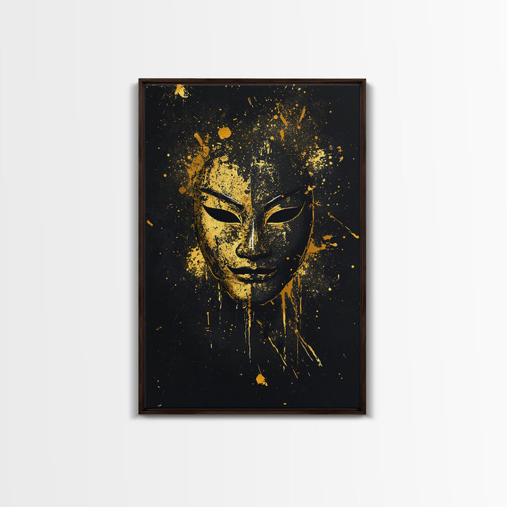 Elegant Tribal Face Gold Canvas Print, Abstract Cultural Mask Art, Modern Wall Decor, Real Wood Frame, Splatter Artwork