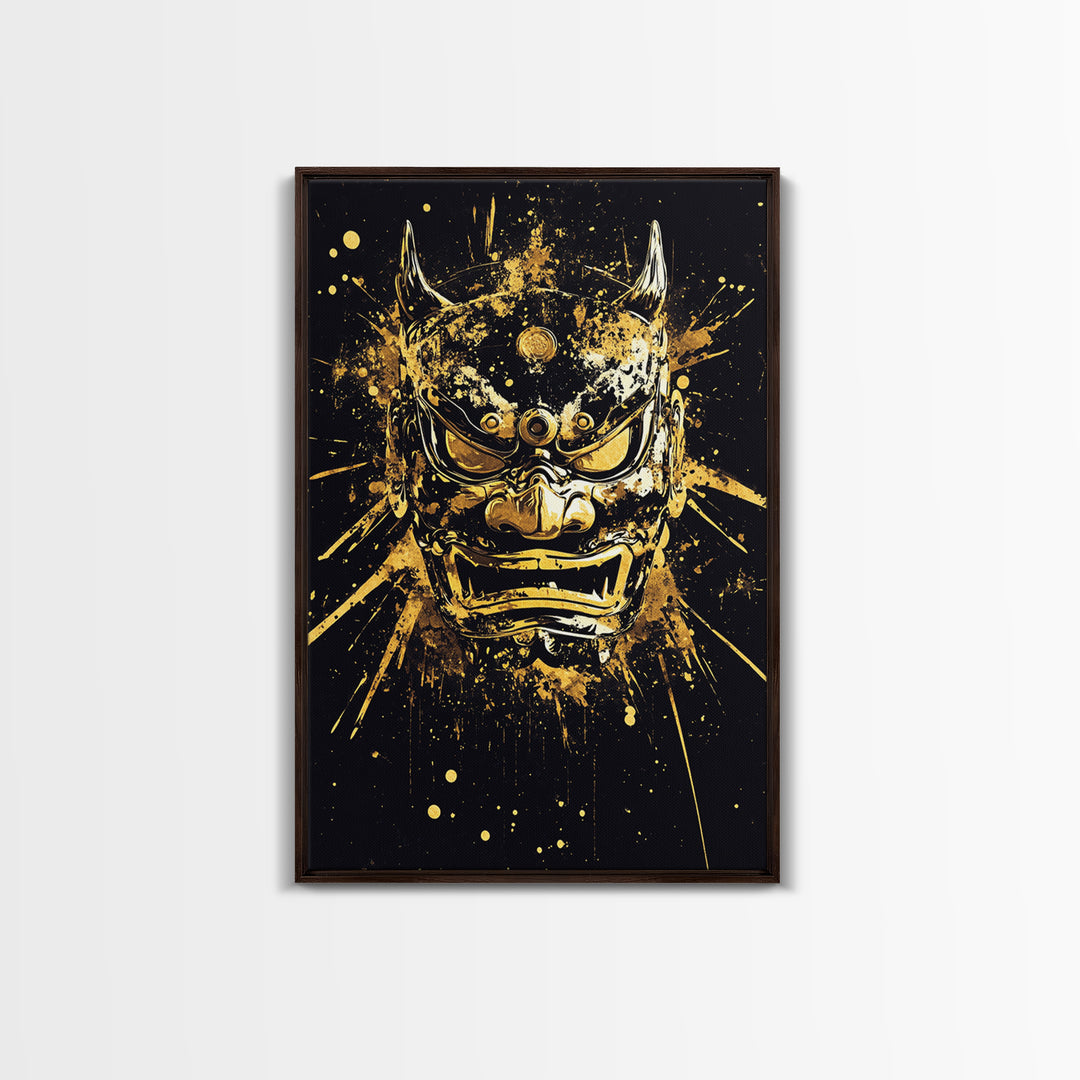 Demon Mask Gold Canvas Print, Fierce Samurai Style Art, Splatter Wall Decor, Real Wood Frame, Bold Statement Artwork