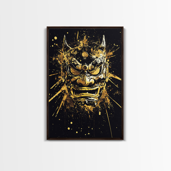 Demon Mask Gold Canvas Print, Fierce Samurai Style Art, Splatter Wall Decor, Real Wood Frame, Bold Statement Artwork