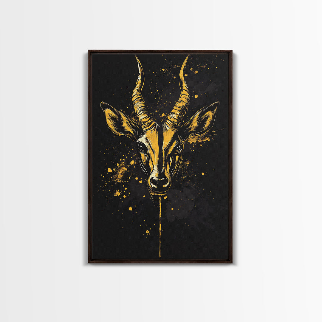 Antelope Head Gold Canvas Print, Wildlife Art, Splatter Animal Decor, Real Wood Frame, Bold Tribal Inspired Artwork