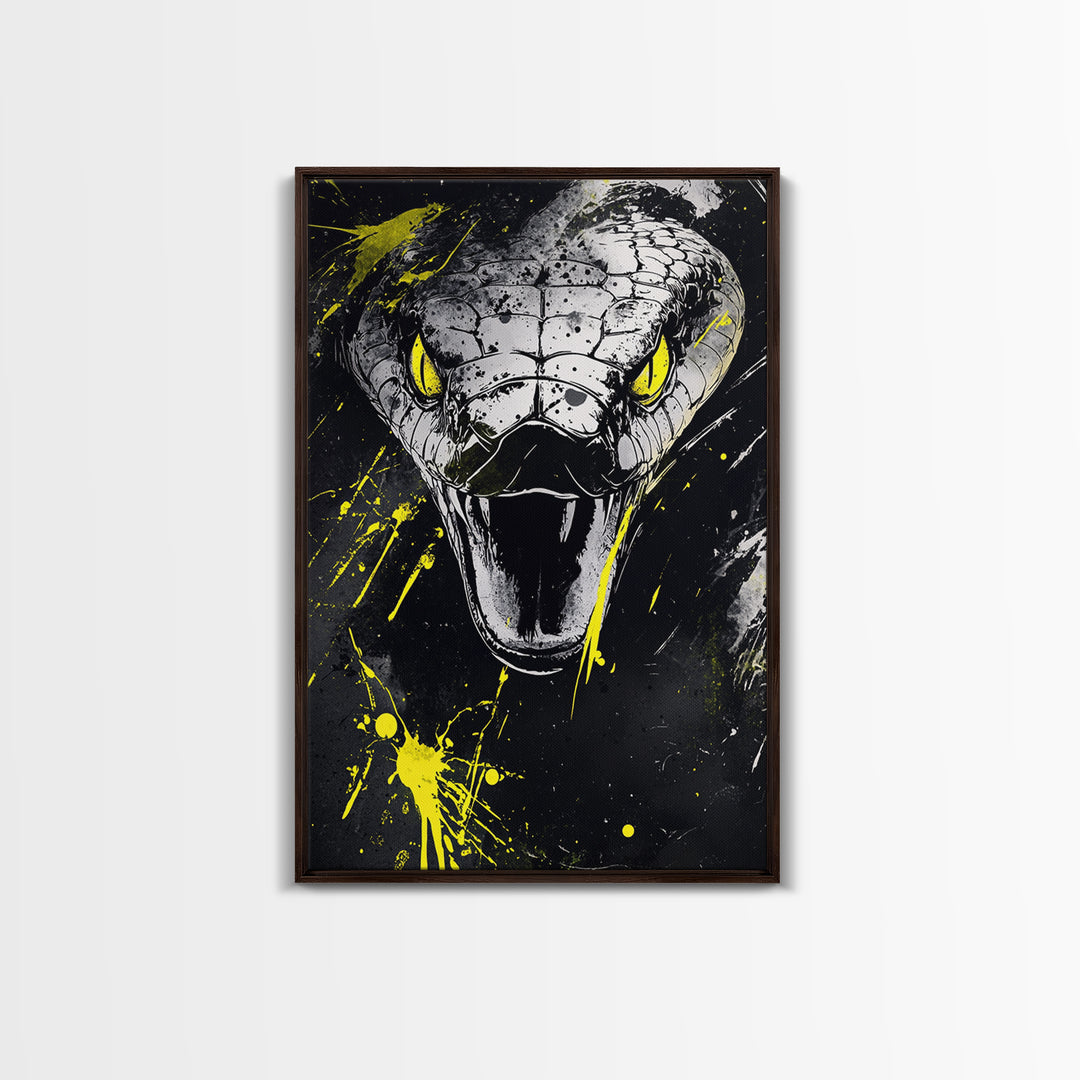 Viper Snake Gold Canvas Print, Venomous Reptile Art, Bold Splatter Wall Decor, Real Wood Frame, Fierce Snake Artwork