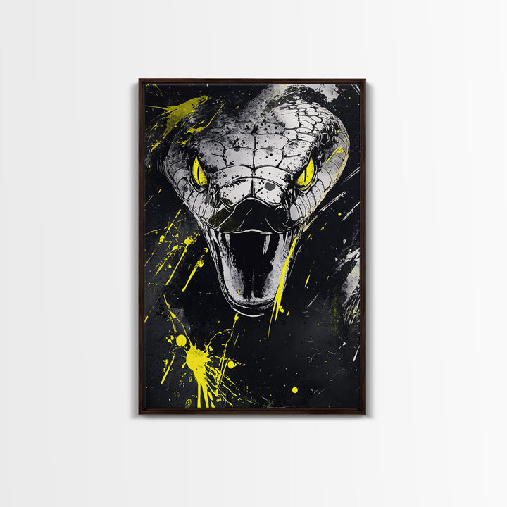 Viper Snake Gold Canvas Print, Venomous Reptile Art, Bold Splatter Wall Decor, Real Wood Frame, Fierce Snake Artwork