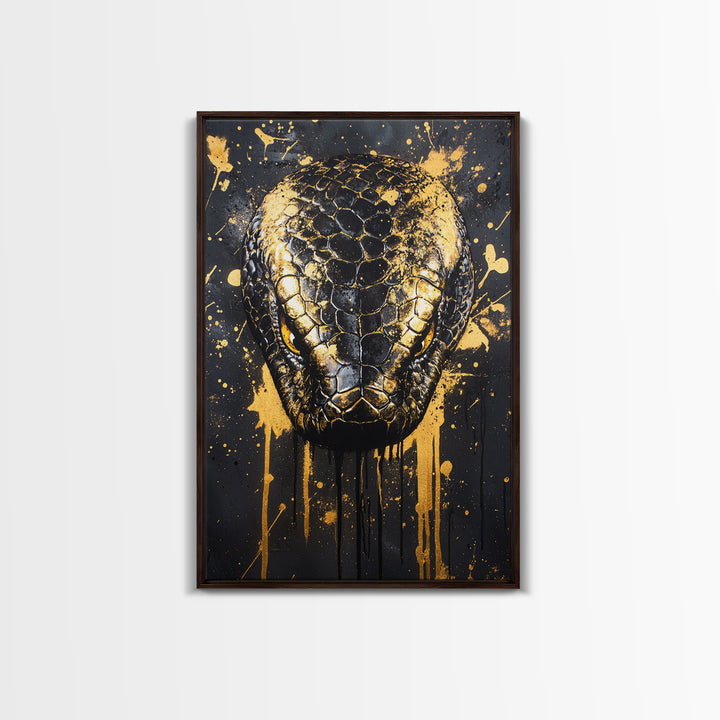 Python Snake Gold Canvas Print, Tribal Reptile Art, Bold Canvas Wall Decor, Real Wood Frame, Splatter Animal Artwork