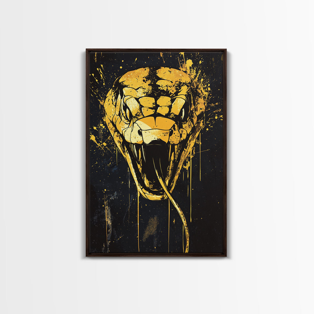 Cobra Head Gold Canvas Print, Fierce Snake Art, Splatter Style Canvas Decor, Real Wood Frame, Bold Animal Statement Artwork