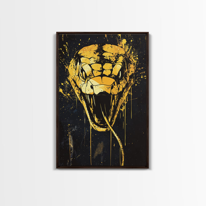 Cobra Head Gold Canvas Print, Fierce Snake Art, Splatter Style Canvas Decor, Real Wood Frame, Bold Animal Statement Artwork