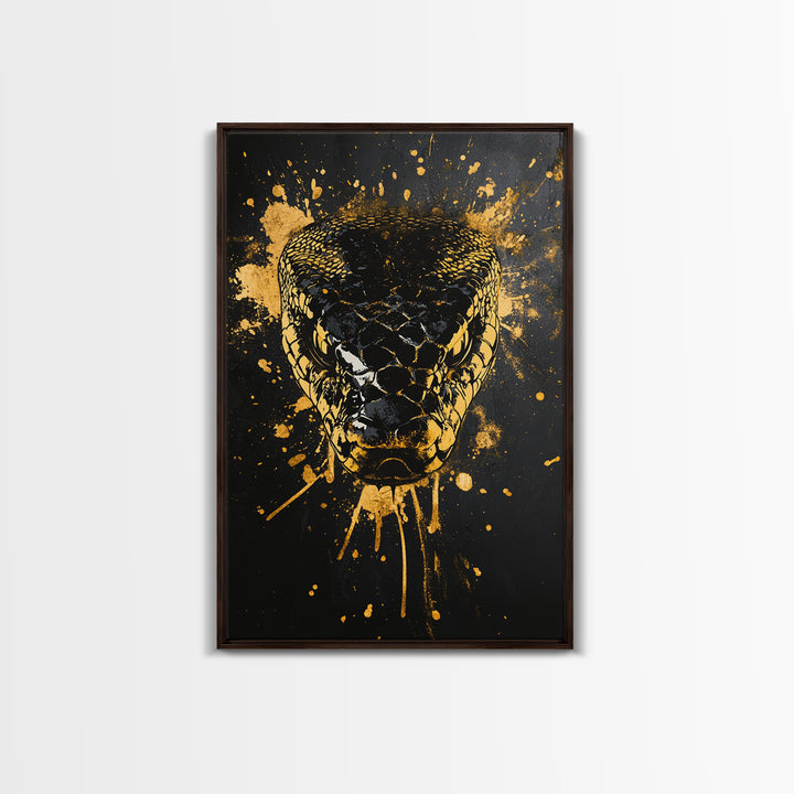 Fierce Snake Head Art,Modern Animal Wall Decor,Real Wood Frame,Bold Reptile Artwork,Striking Home Accent