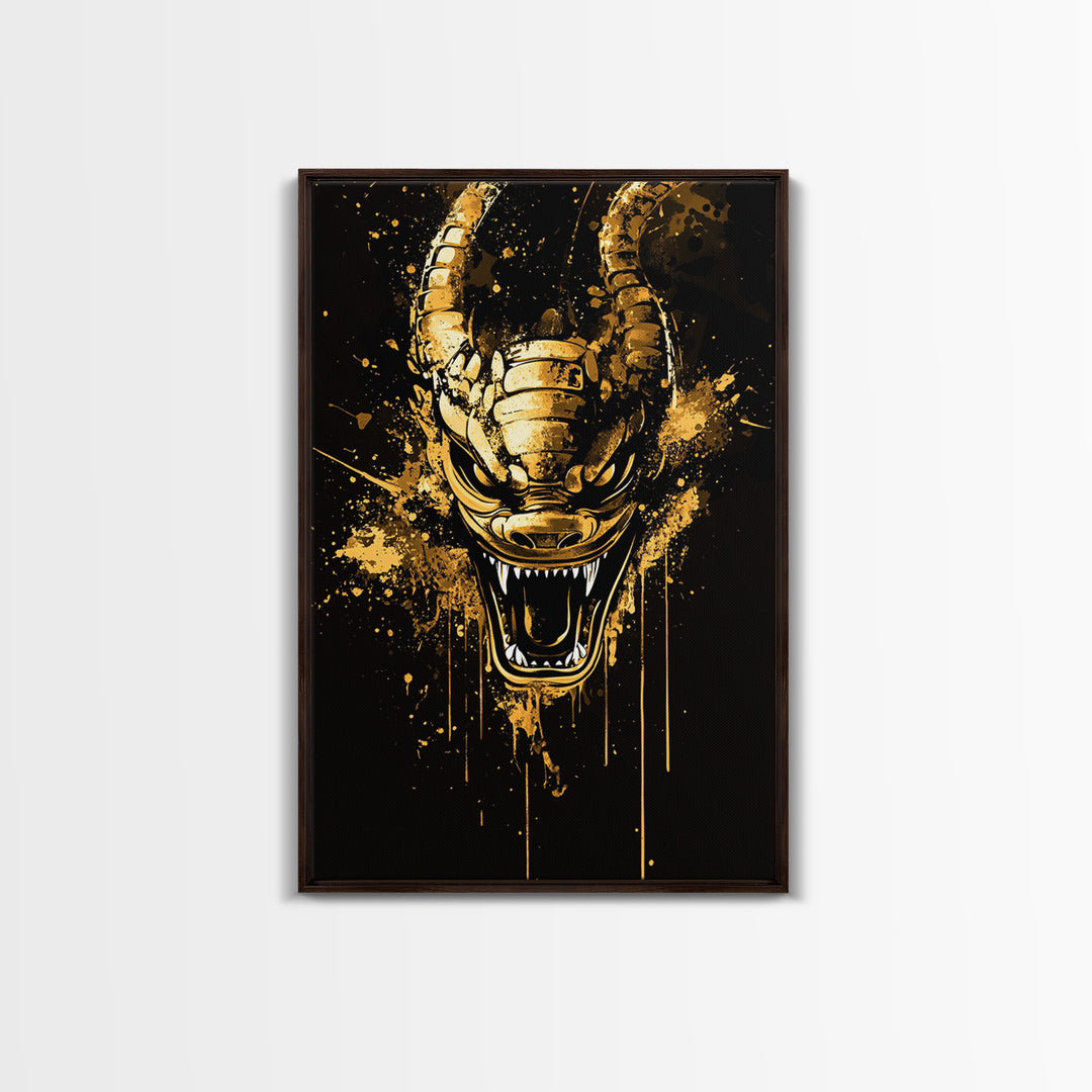 Mythical Dragon Face Artwork,Modern Fantasy Wall Decor,Real Wood Frame,Bold Creature Art,Striking Home Accent