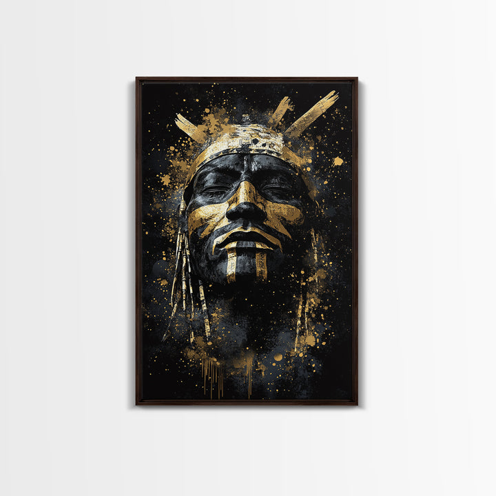 Tribal Warrior Mask Art,Bold Cultural Wall Decor,Real Wood Frame,Striking Tribal Artwork,Modern Statement Piece