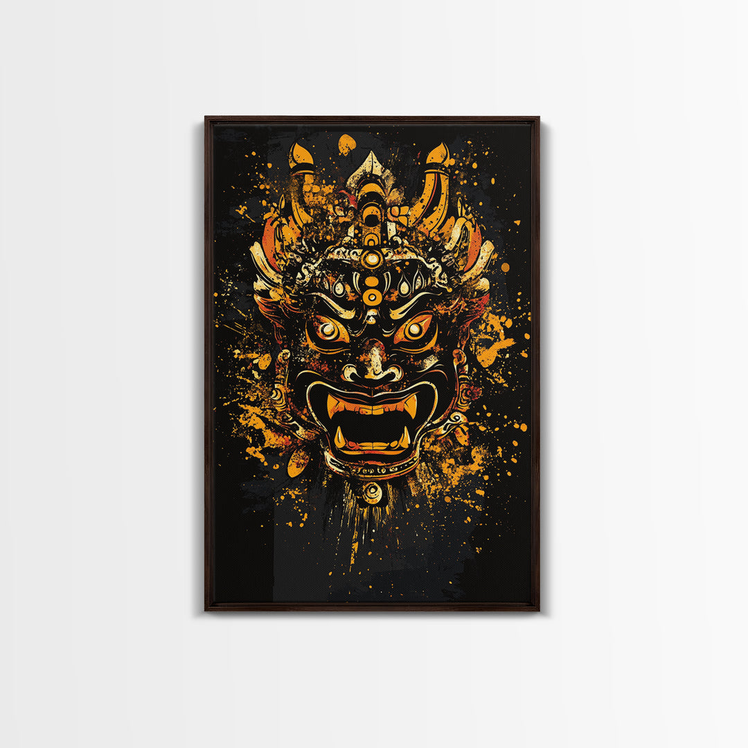 Fierce Demon Mask Artwork,Modern Cultural Wall Decor,Real Wood Frame,Bold Mythical Art,Striking Statement Accent