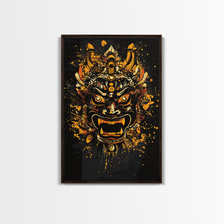 Fierce Demon Mask Artwork,Modern Cultural Wall Decor,Real Wood Frame,Bold Mythical Art,Striking Statement Accent