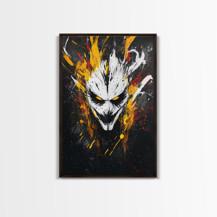 Intense Mask Artwork,Modern Abstract Wall Decor,Real Wood Frame,Bold Fiery Art,Striking Vibrant Statement Piece