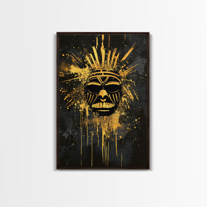 Tribal Sun Mask Gold Canvas Print, Bold Wall Art With Real Wood Frame, Cultural Decor, Splatter Style Artwork