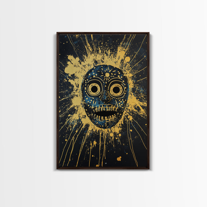 Cosmic Tribal Mask Gold Canvas Print, Unique Wall Art With Real Wood Frame, Ethnic Decor, Bold Splatter Artwork