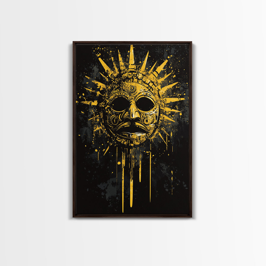 Aztec Sun God Mask Gold Canvas Print, Tribal Wall Art With Real Wood Frame, Ancient Culture Decor, Bold Artwork