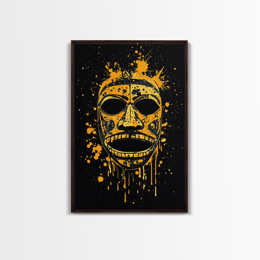 Traditional Tribal Mask Gold Canvas Print, Splatter Style Wall Art With Real Wood Frame, Cultural Decor Accent