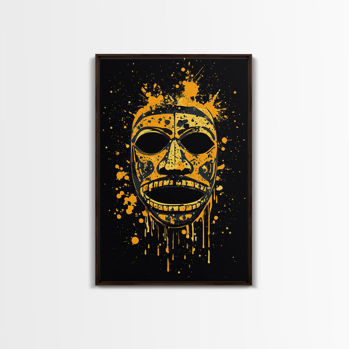 Traditional Tribal Mask Gold Canvas Print, Splatter Style Wall Art With Real Wood Frame, Cultural Decor Accent