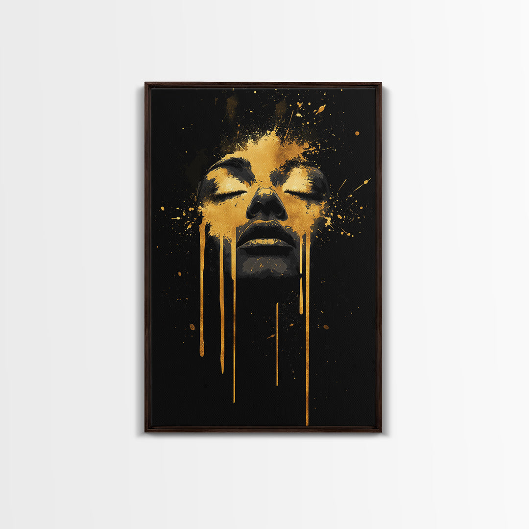 Golden Face Gold Canvas Art, Modern Wall Print With Real Wood Frame, Abstract Portrait, Splatter Style Cultural Decor