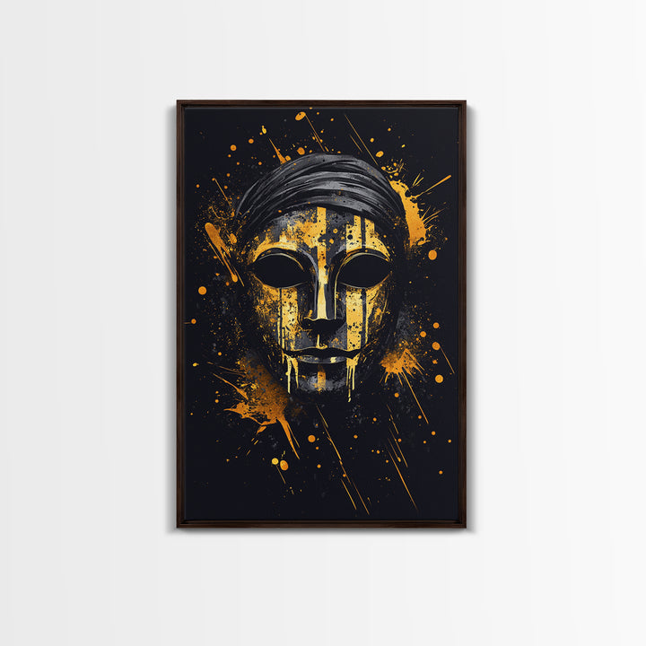 Classic Tribal Mask Gold Canvas Print, Bold Ethnic Wall Art With Real Wood Frame, Splatter Style Cultural Decor