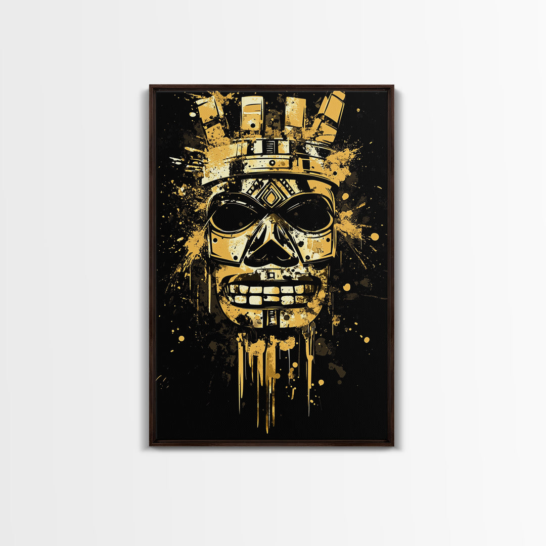 Ancient Warrior Mask Gold Canvas Print, Bold Wall Art With Real Wood Frame, Cultural Splatter Style Home Decor