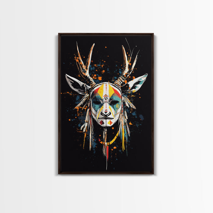 Deer Horn Mask Gold Canvas Print, Tribal Wall Art With Real Wood Frame, Ethnic Splatter Style Bold Wall Accent